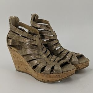 NWT CORDANI Metallic Leather Cork Wedge Sandals